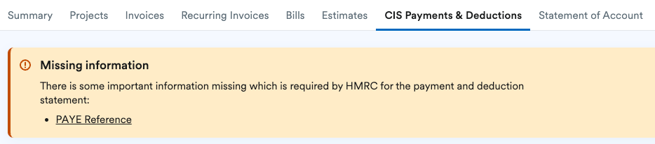 Notice asking for PAYE reference to be entered
