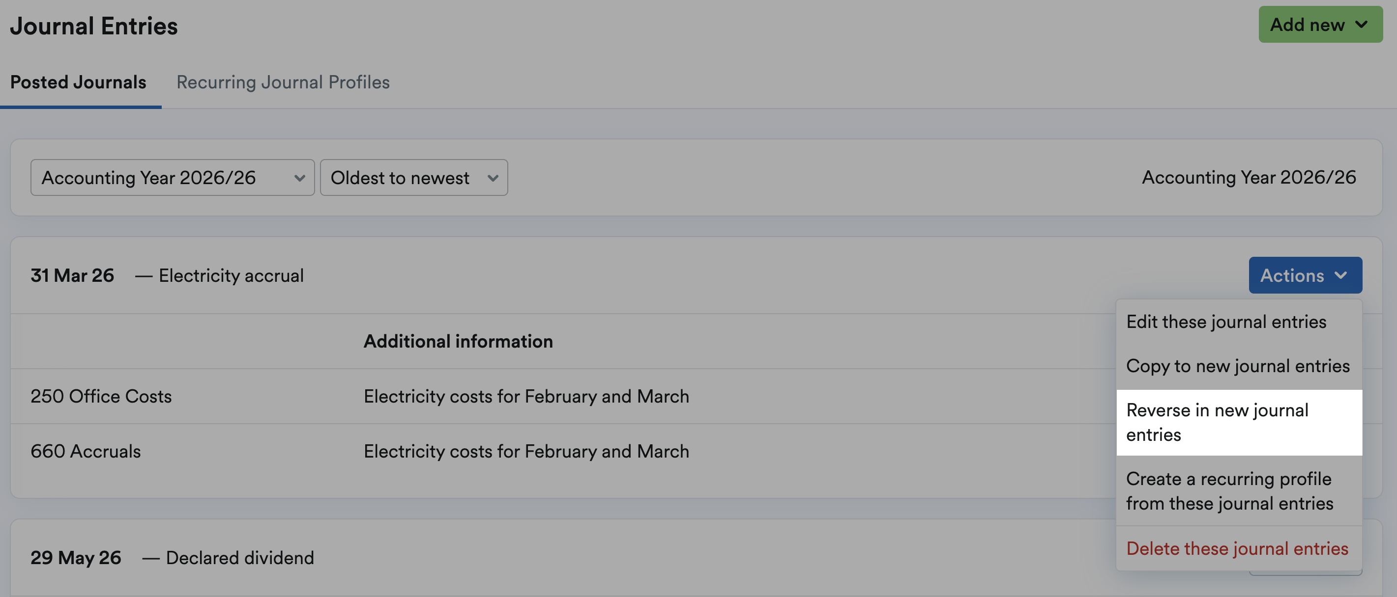 Reverse in new journal entries highlighted in drop-down menu