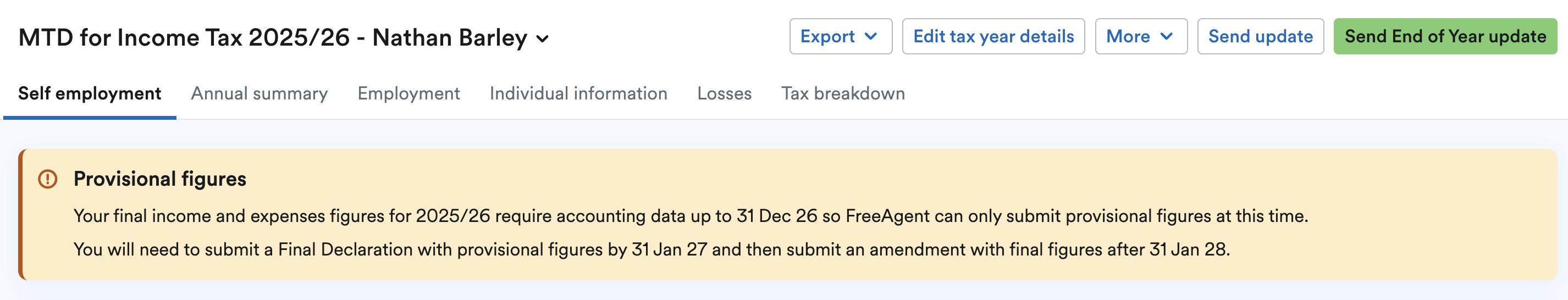 Provisional figures banner at the top of MTD for Income Tax pages