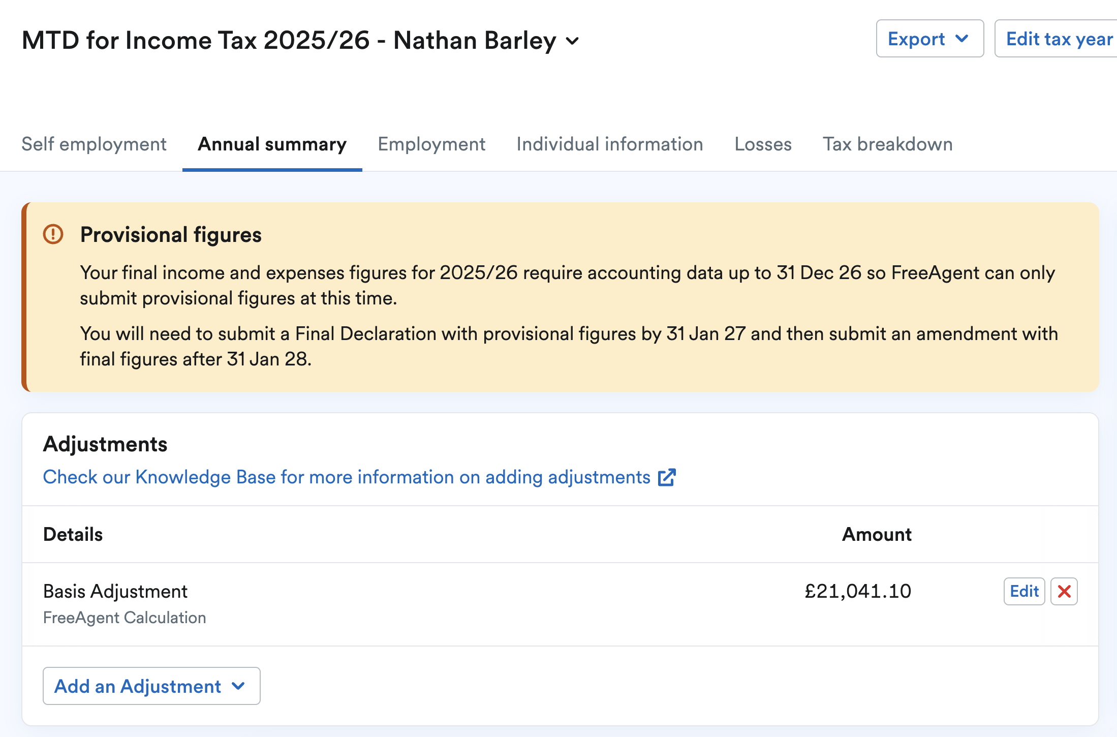 Basis adjustment figure on the Annual summary page