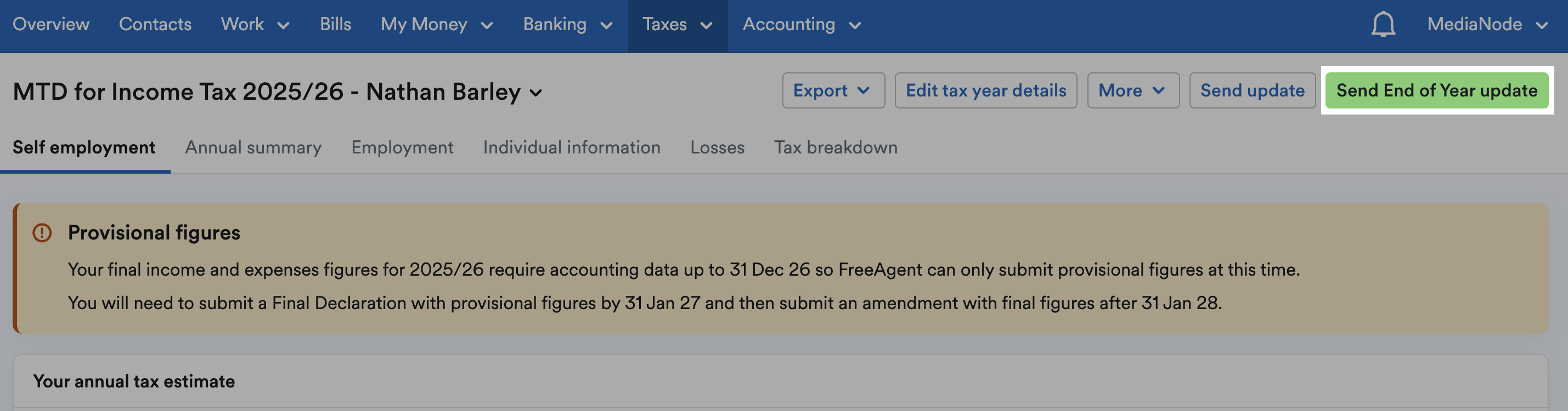 Send end of year update button highlighted in top-right