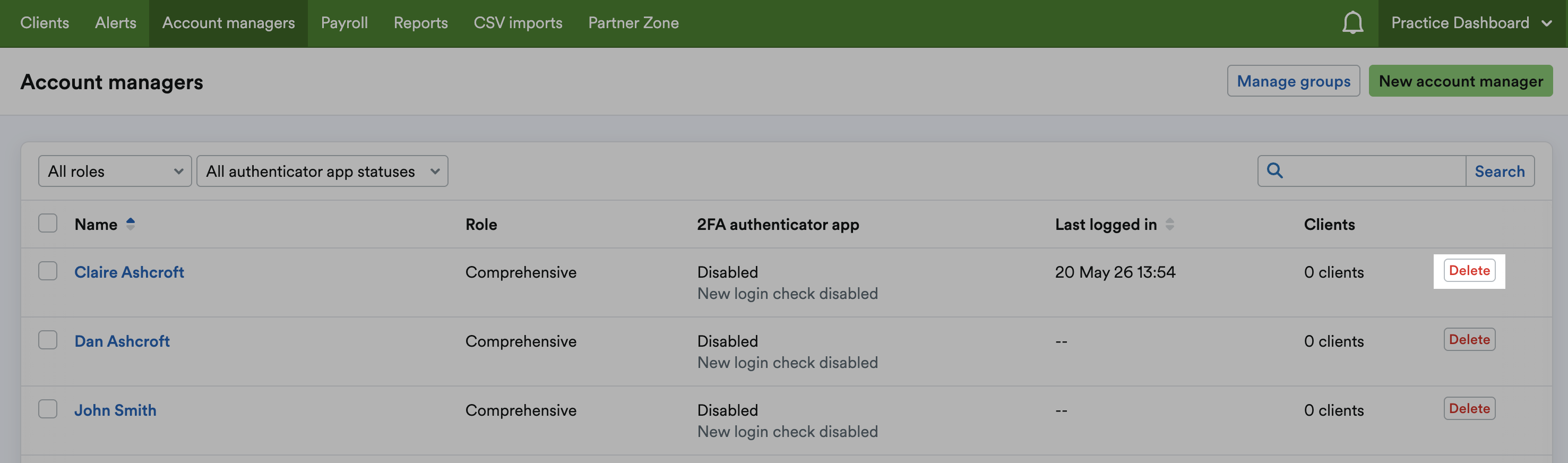 Delete button next to an account manager highlighted
