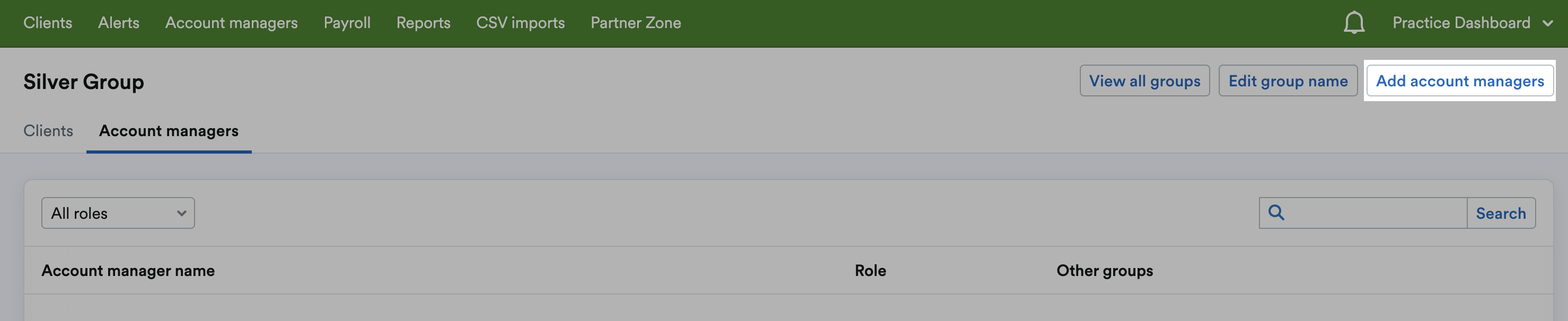 ‘Add account managers’ button highlighted at top of group page.