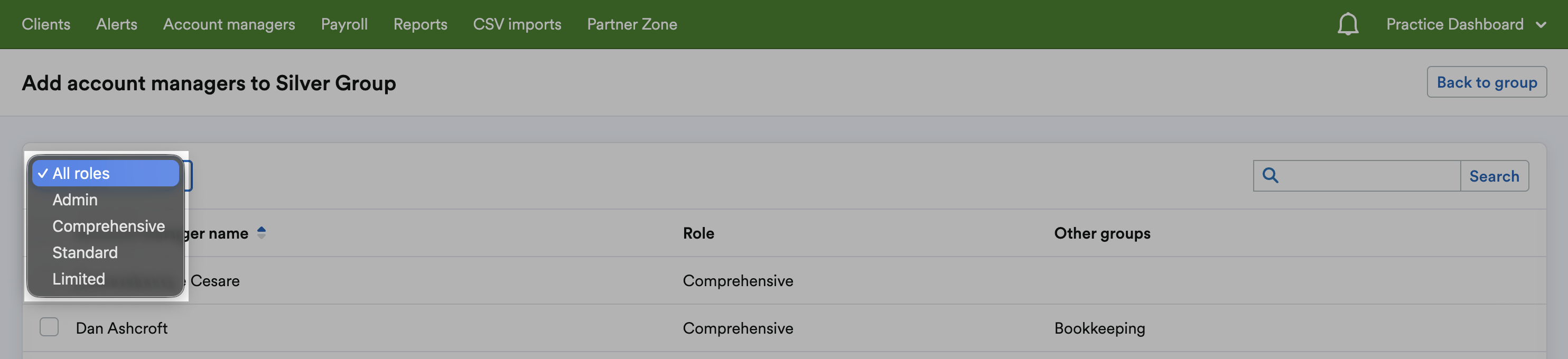 Account manager level drop-down menu with options for 'All roles', 'Admin', 'Comprehensive', 'Standard' and 'Limited'.