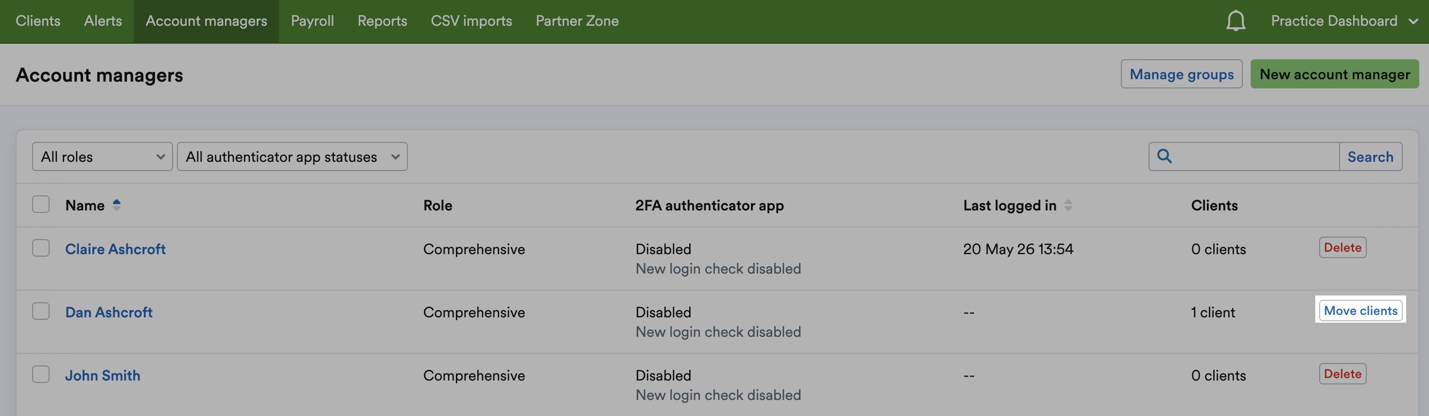 'Move clients' button highlighted in line with account manager.