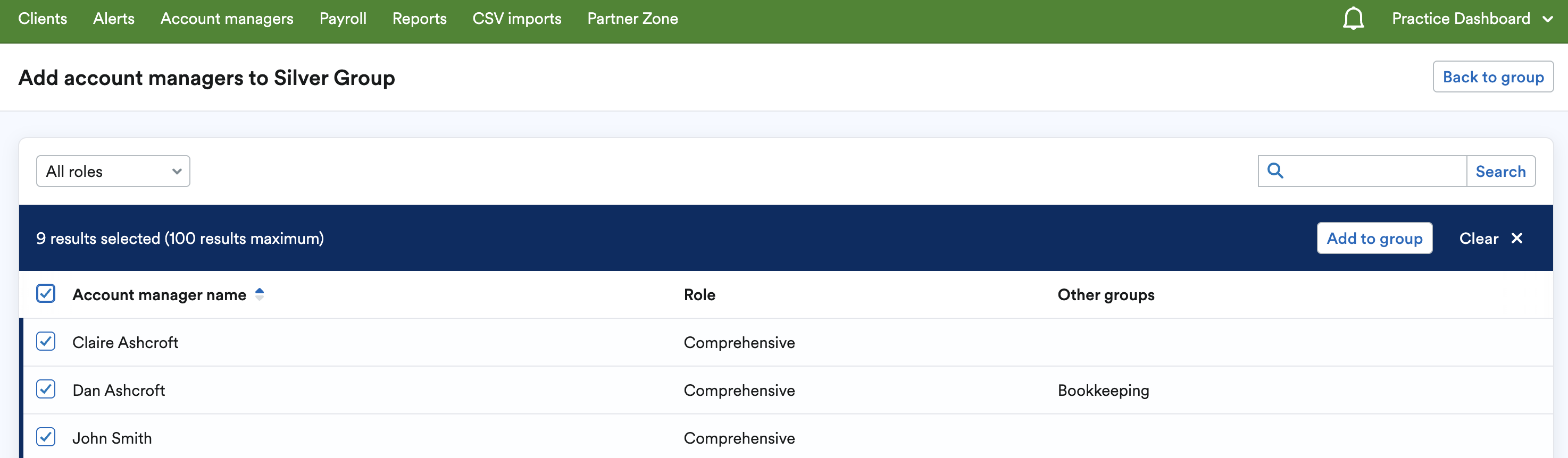 Add account managers to group page with multiple managers selected and a button for ‘Add to group’.