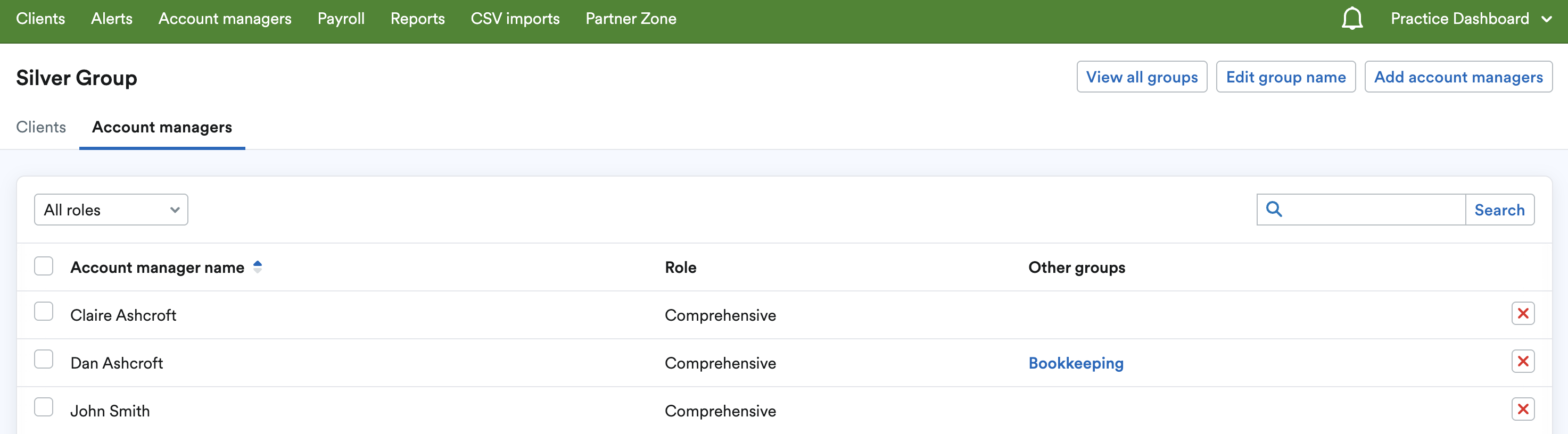 New group page showing managers listed under Account managers tab.