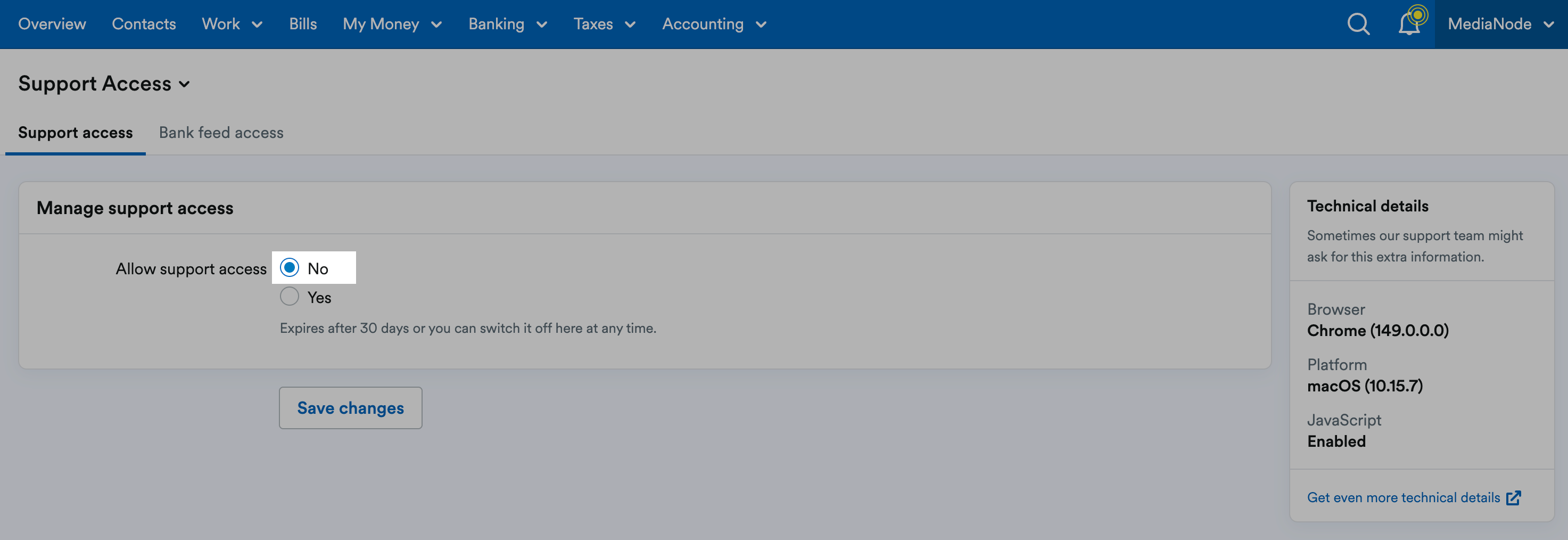 'Allow support access' set to 'No' in 'Manage support access' section.