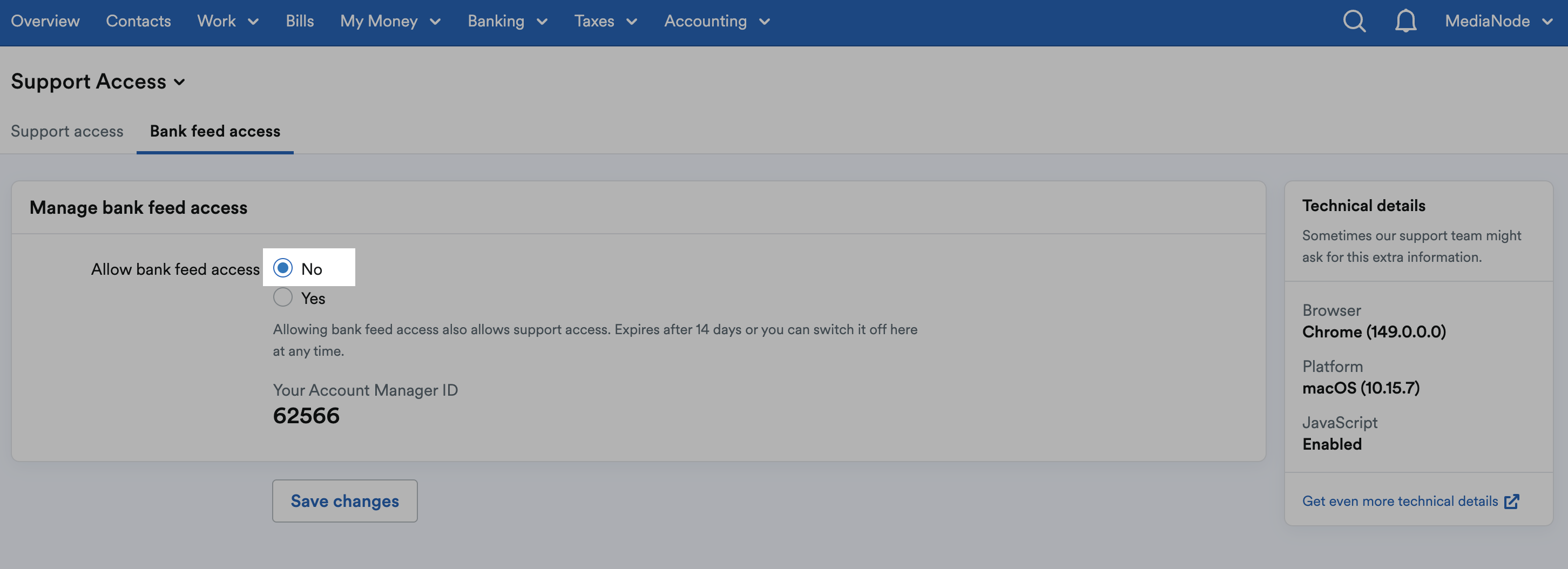 'Allow bank feed access' set to 'No' in 'Manage bank feed access' section.