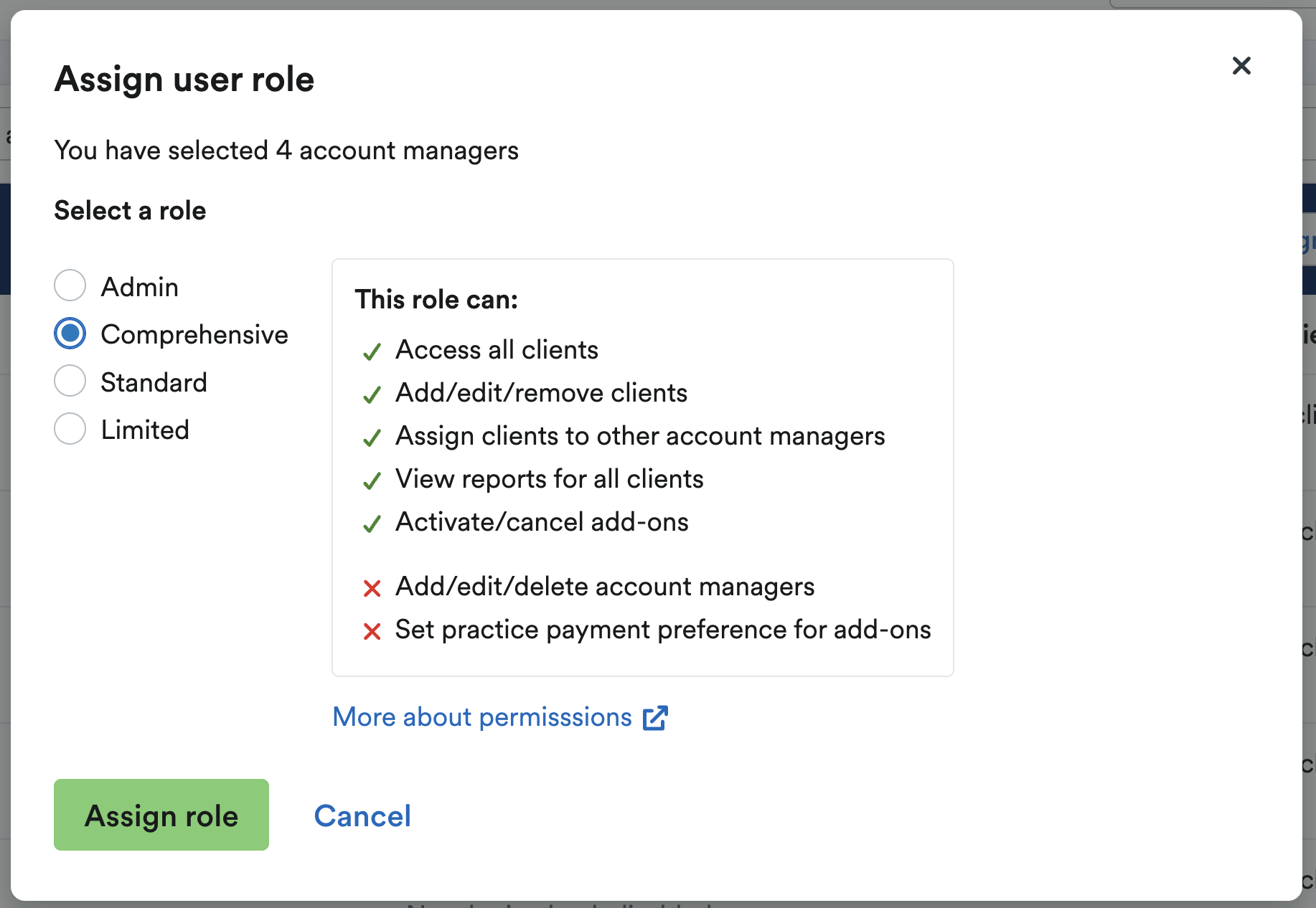 Assign user role screen to change role of selected account managers