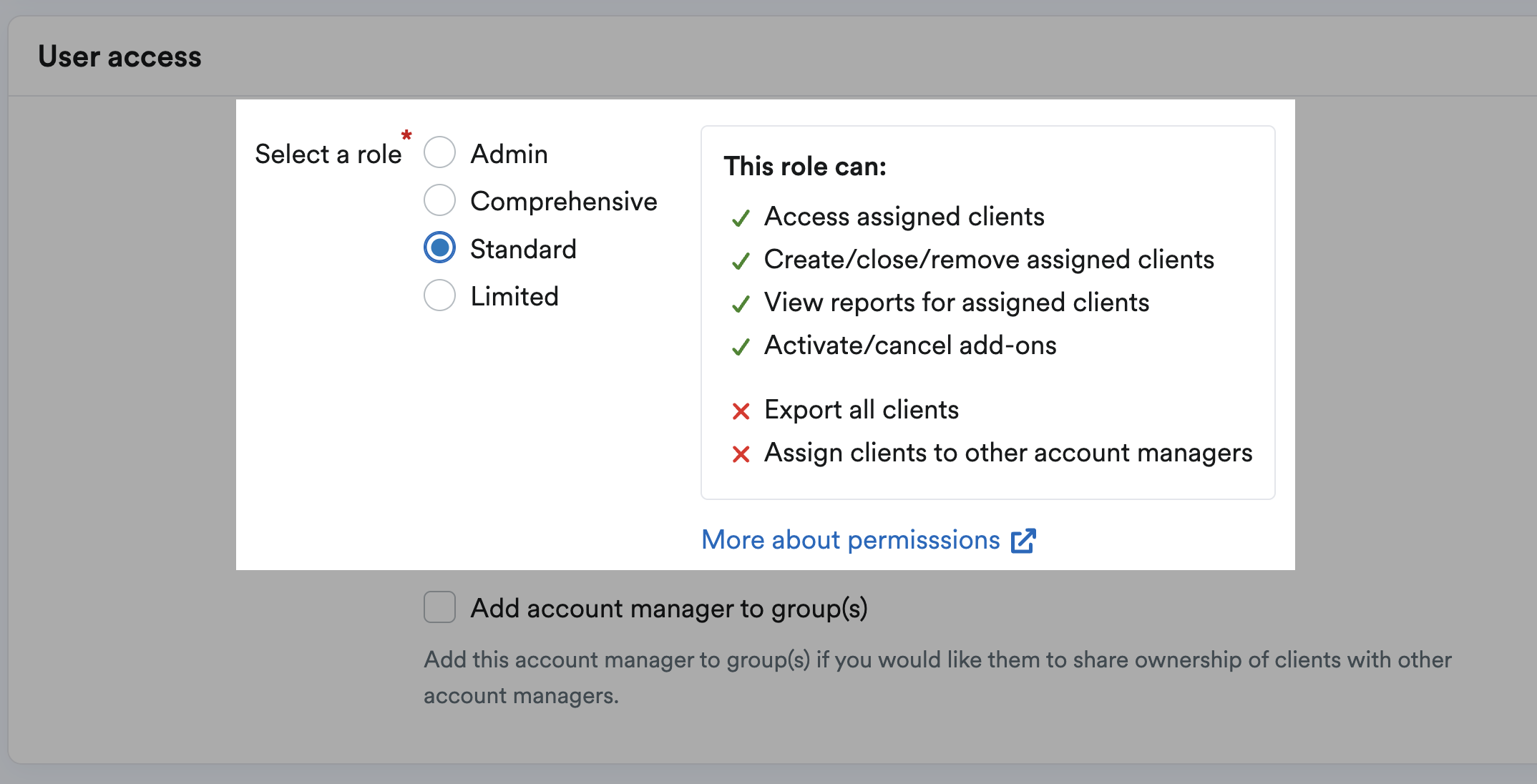 Choosing a role for the account manager