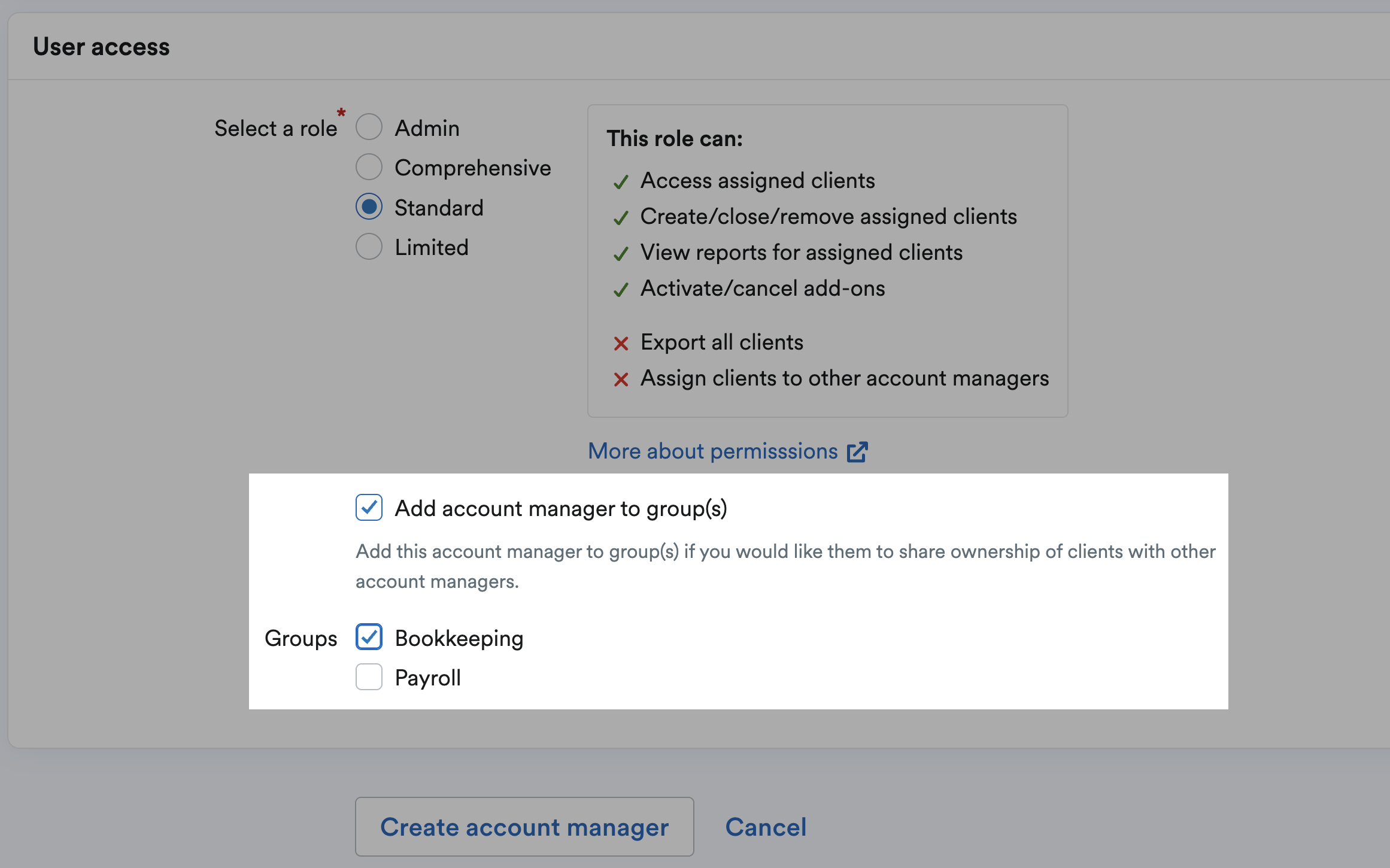 Account manager groups details highlighted