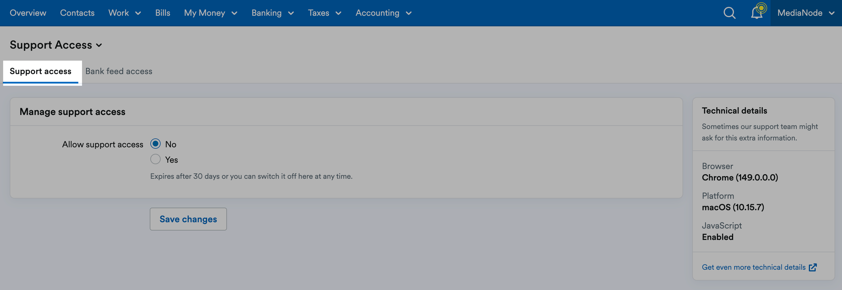 'Support access' tab highlighted at top of Support Access page.