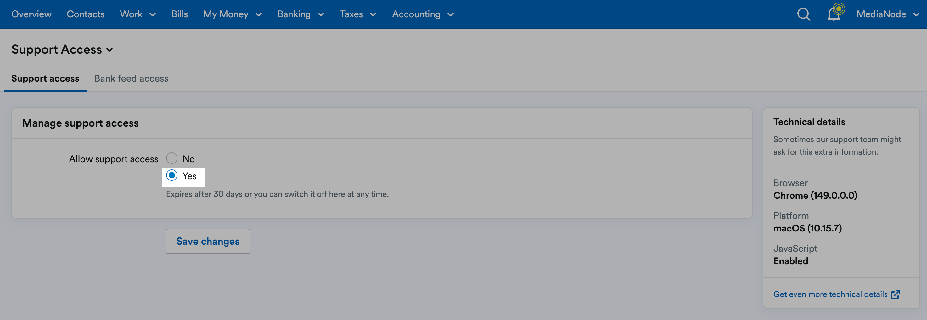 'Allow support access' set to 'Yes' in 'Manage support access' section.