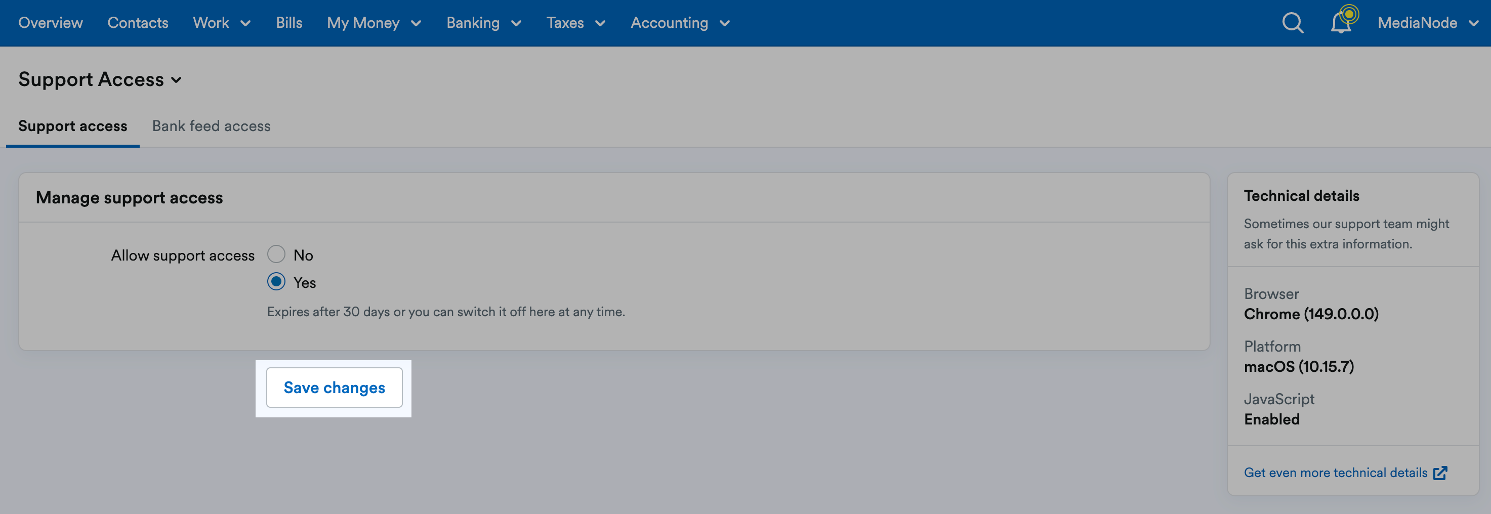 'Save changes' button highlighted on Support Access page.