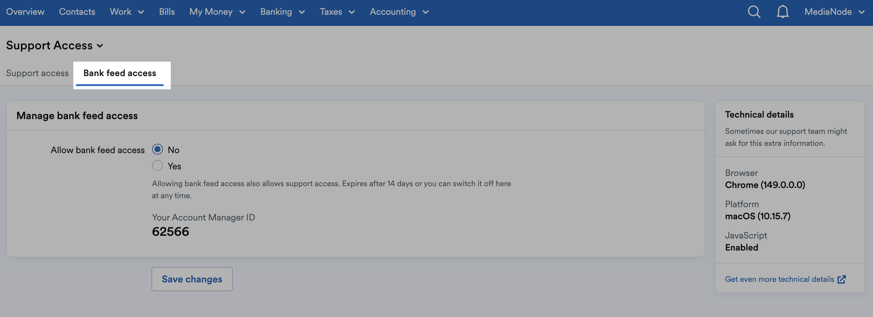 'Bank feed access' tab highlighted at top of Support Access page.