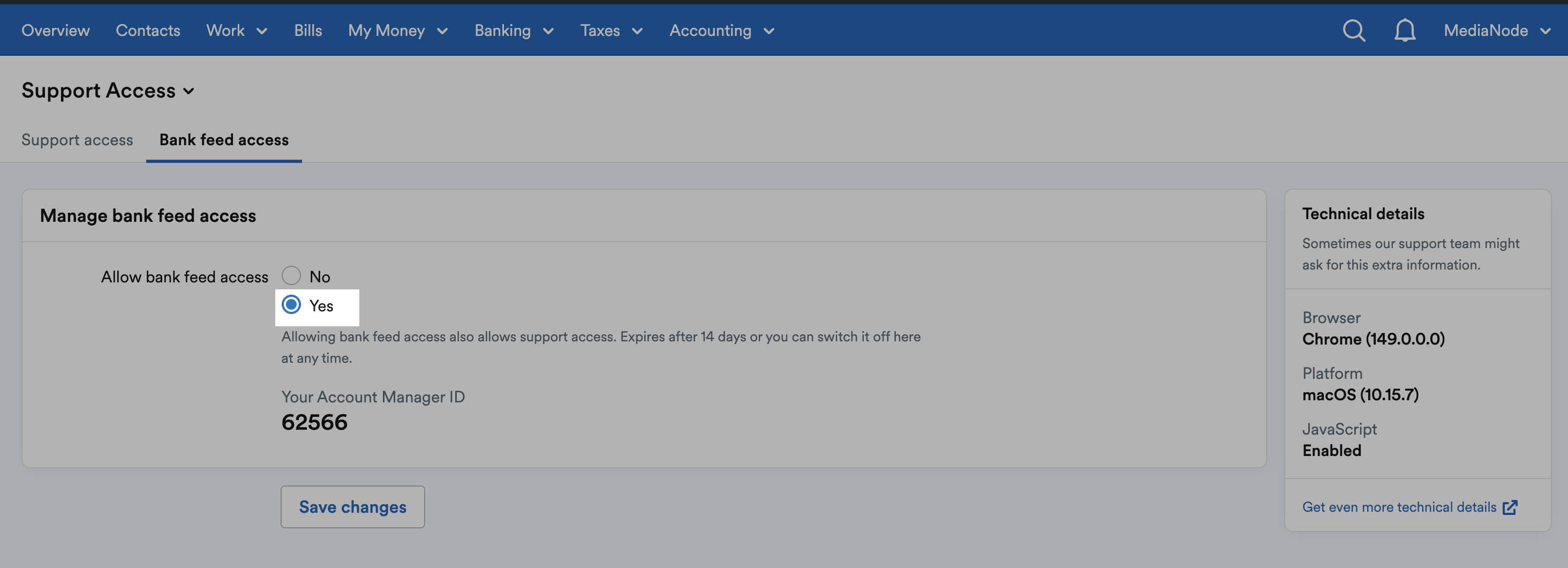 'Allow bank feed access' set to 'Yes' in 'Manage bank feed access' section.