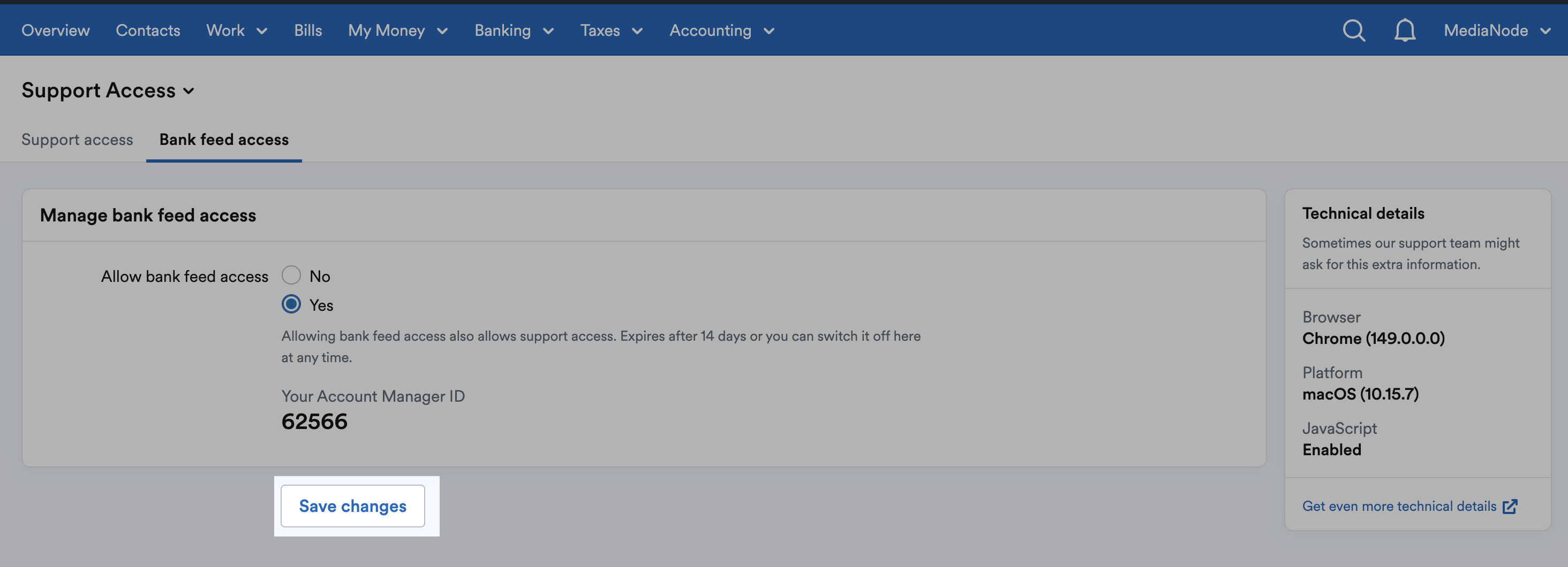 'Save changes' button highlighted on Support Access page.