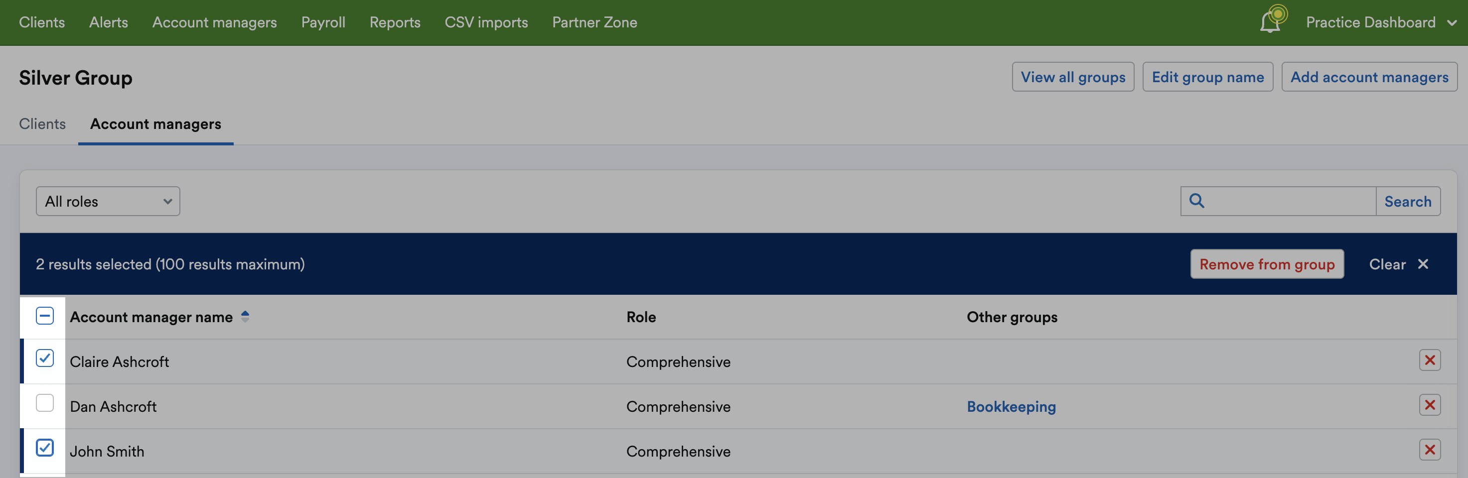 Checkboxes selected next to listed account managers.