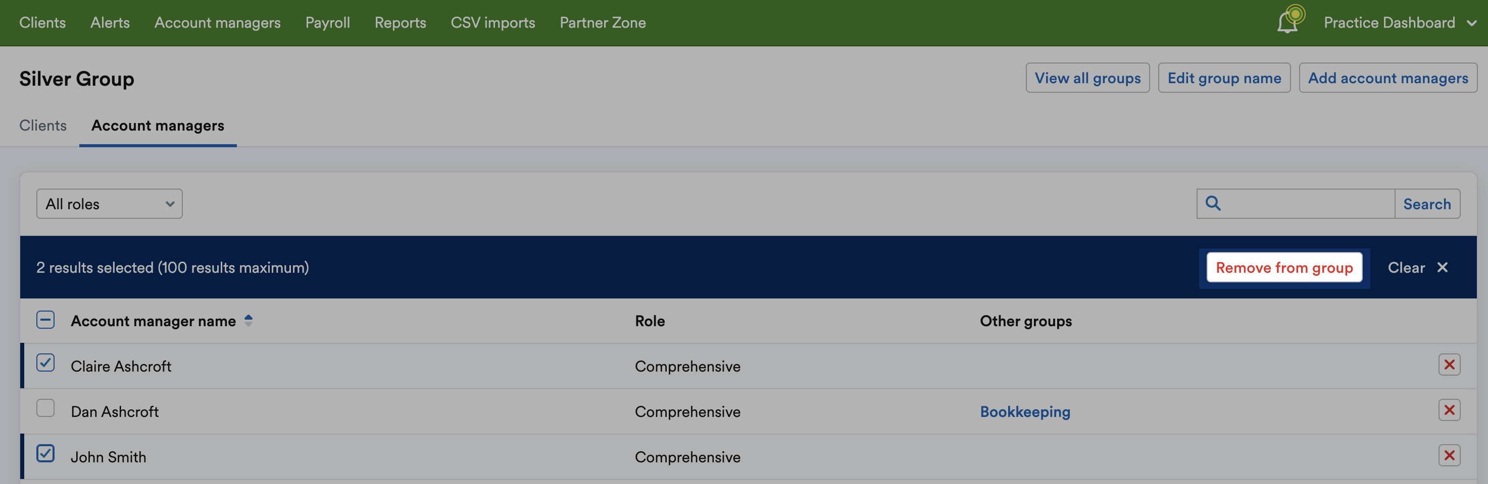 'Remove from group' button highlighted in bulk removal bar.