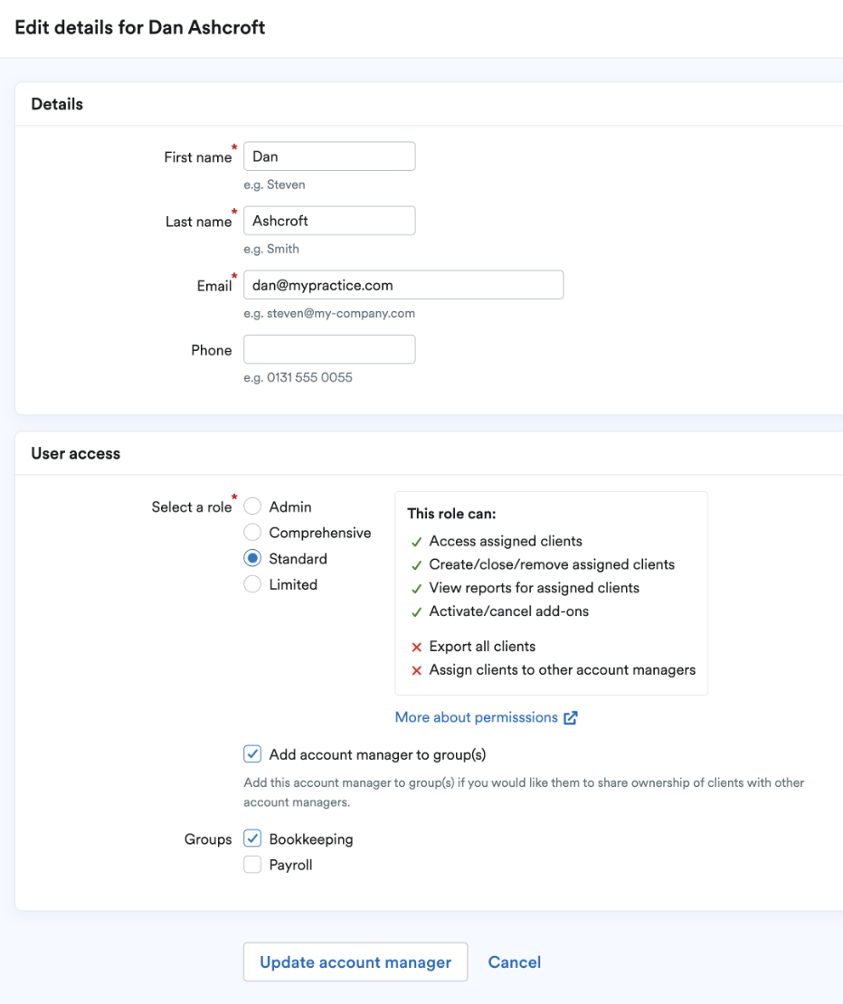 Account manager's details section