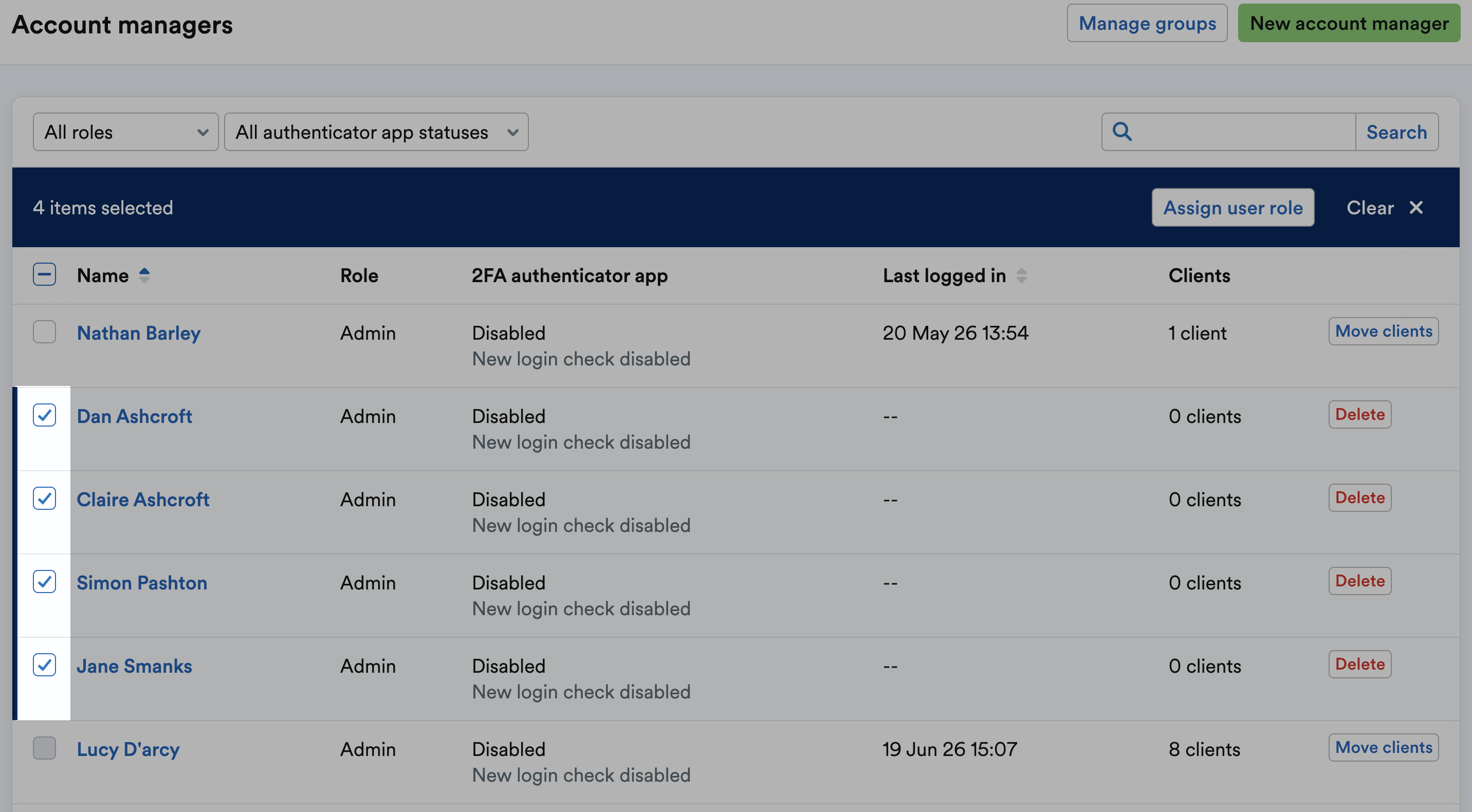 Checkboxes next to multiple account managers ticked