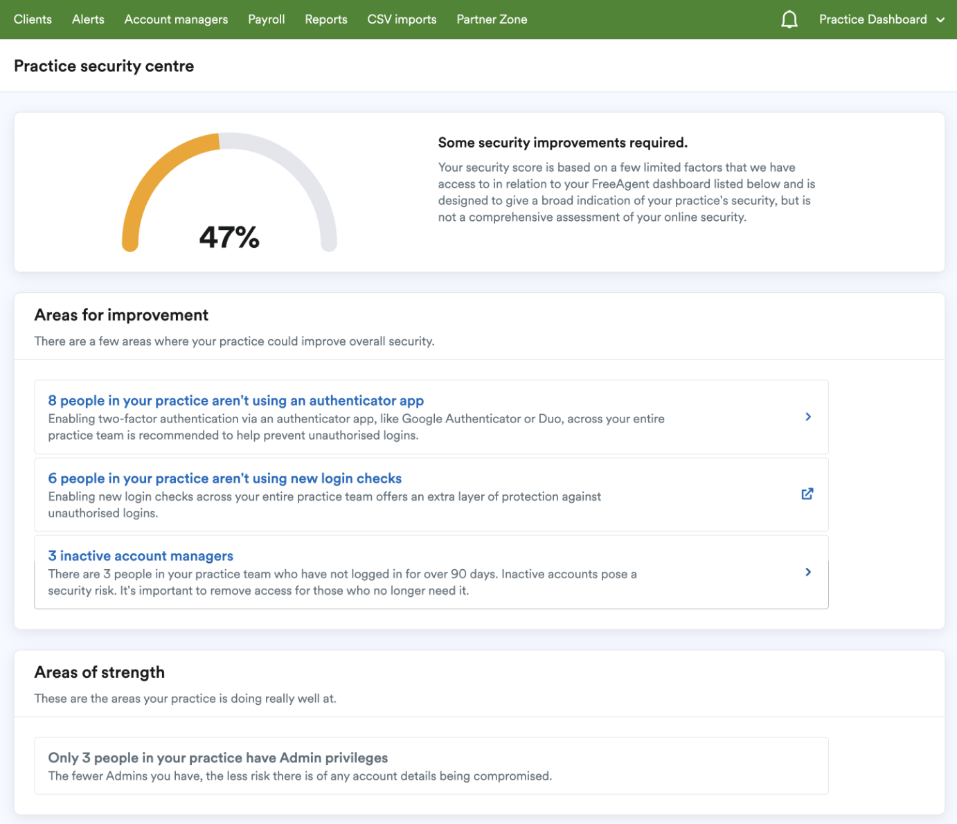Example of practice security centre page