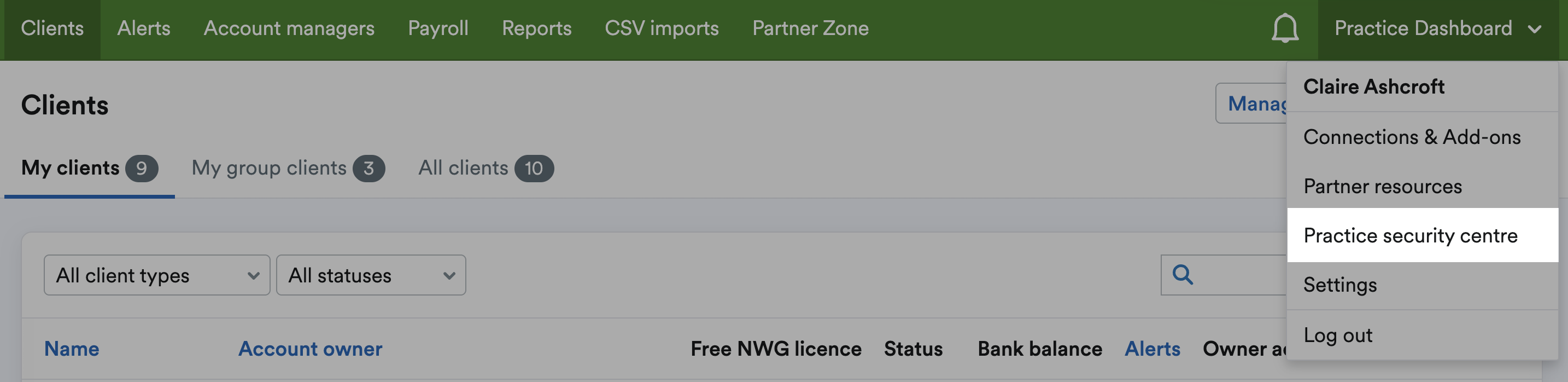 Practice security centre highlighted below practice name