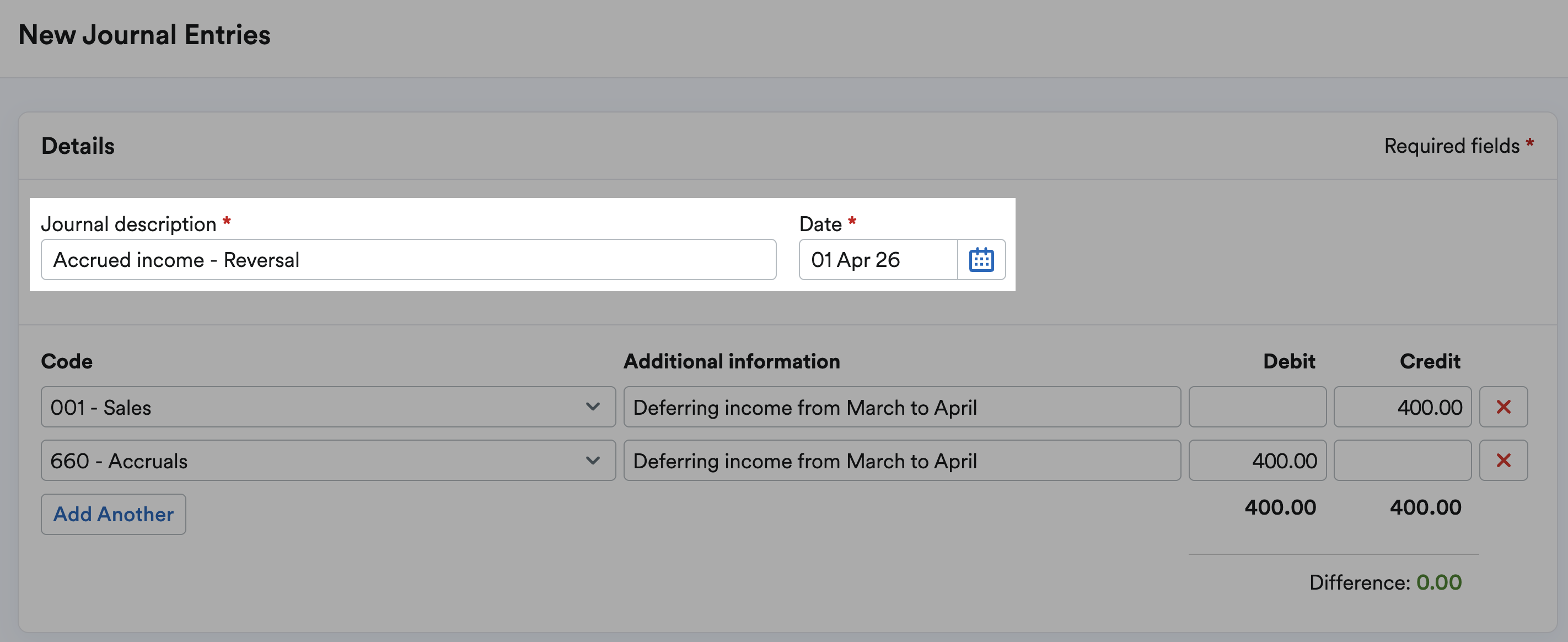 description and date fields highlighted on reversed journals