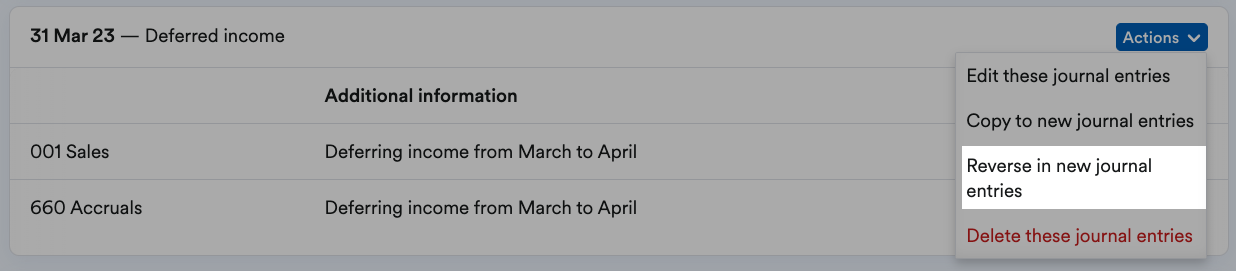 Reverse in new journal entries highlighted from the actions menu