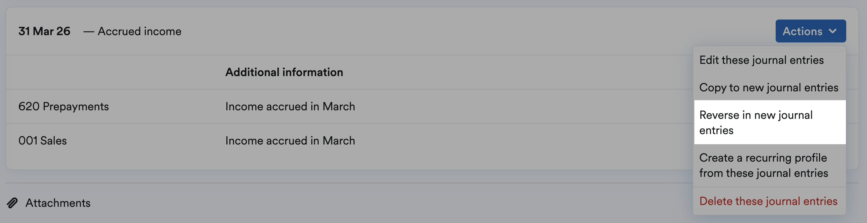 Reverse in new journal entries highlighted from the actions menu