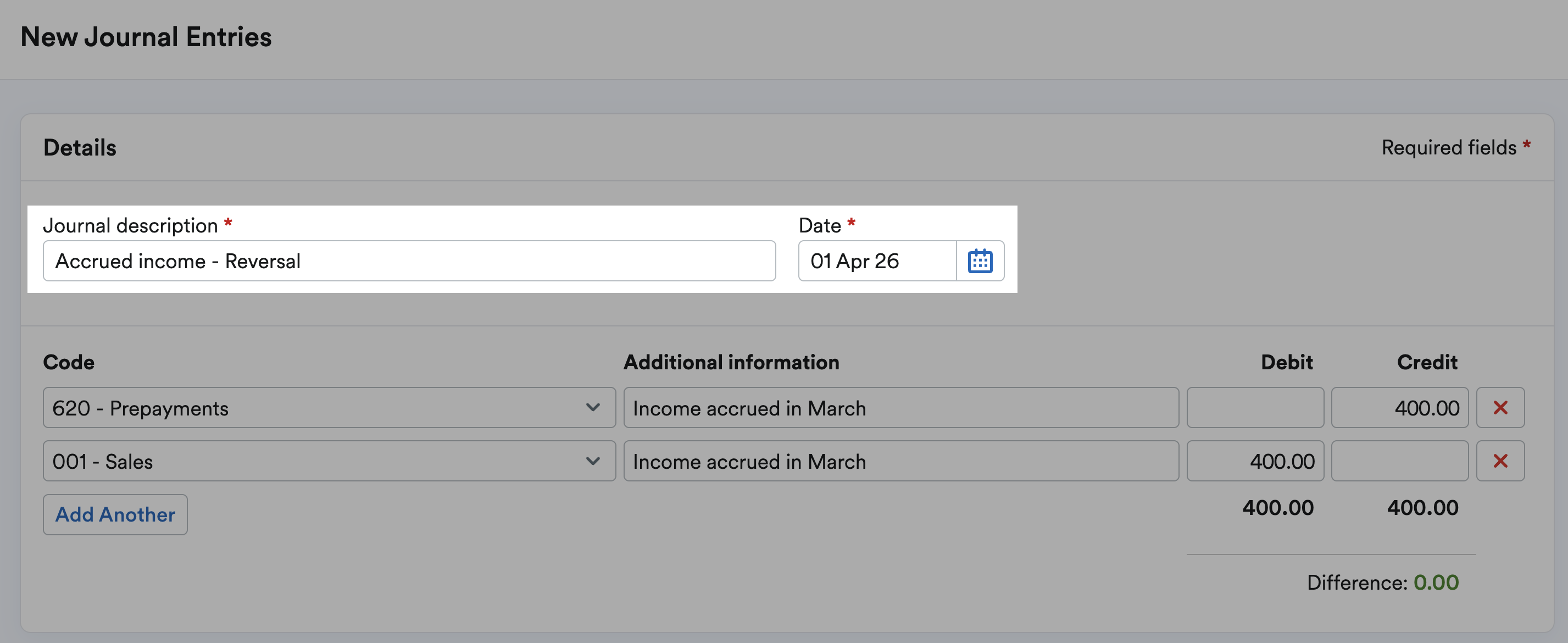 description and date fields highlighted on reversed journals