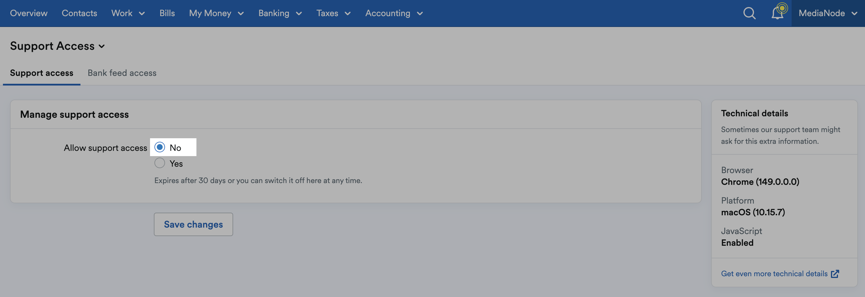 'Allow support access' set to 'No' in 'Manage support access' section.