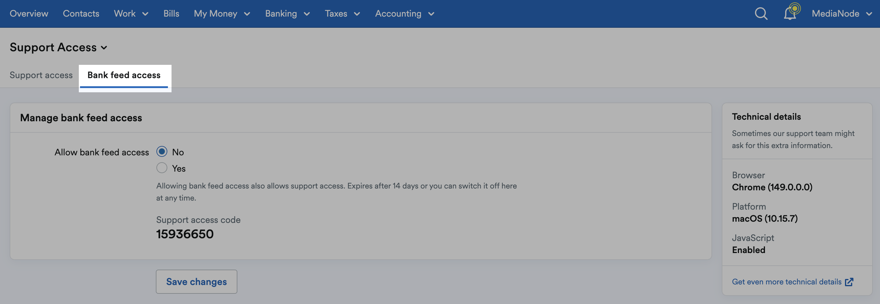 'Bank feed access' tab highlighted at top of Support Access page.