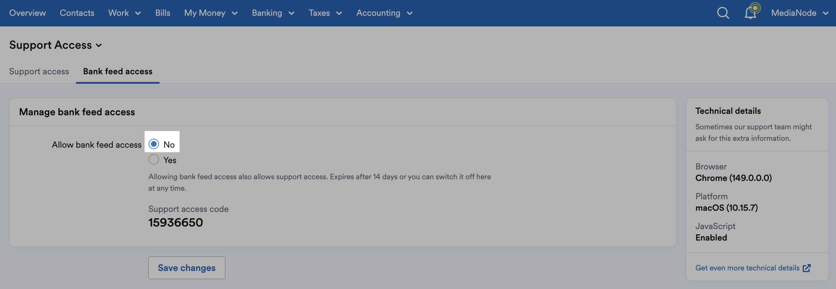 'Allow bank feed access' set to 'No' in 'Manage bank feed access' section.