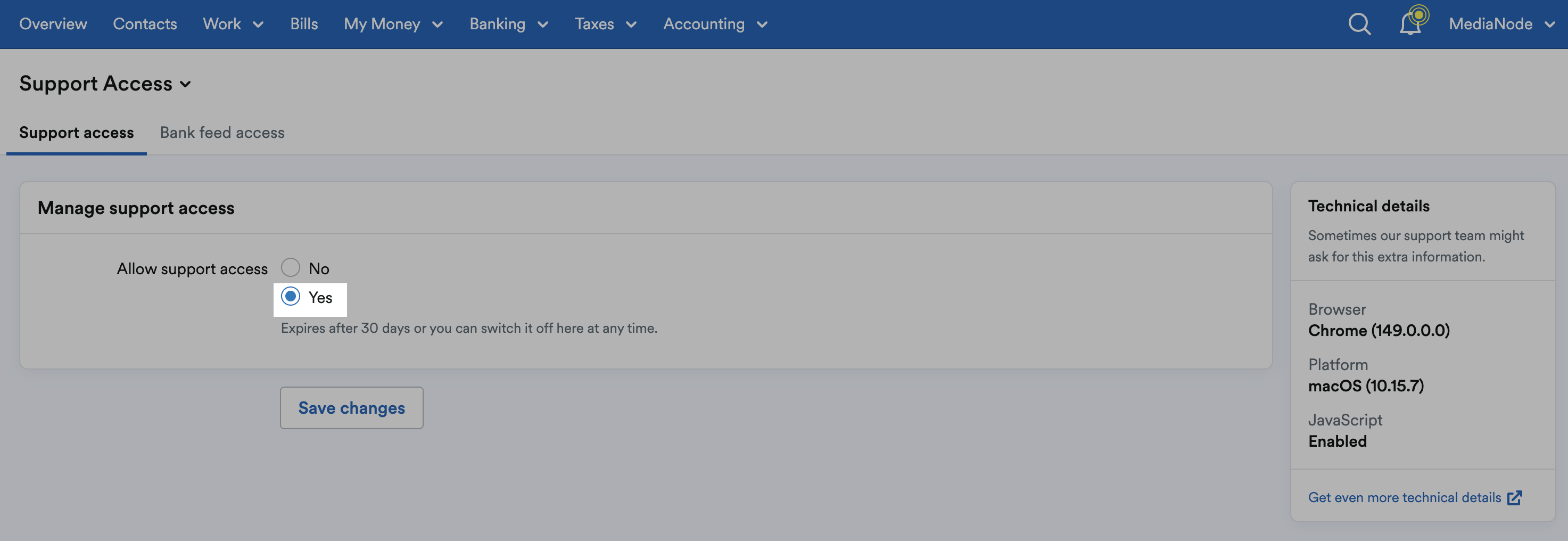 'Allow support access' set to 'Yes' in 'Manage support access' section.