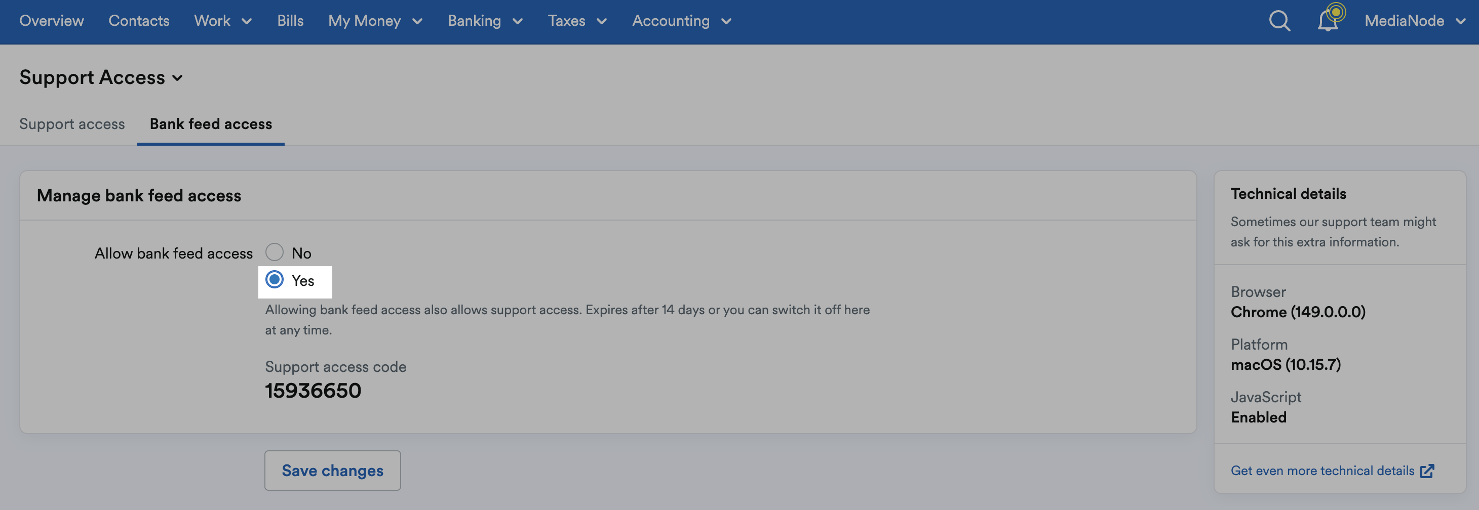 'Allow bank feed access' set to 'Yes' in 'Manage bank feed access' section.