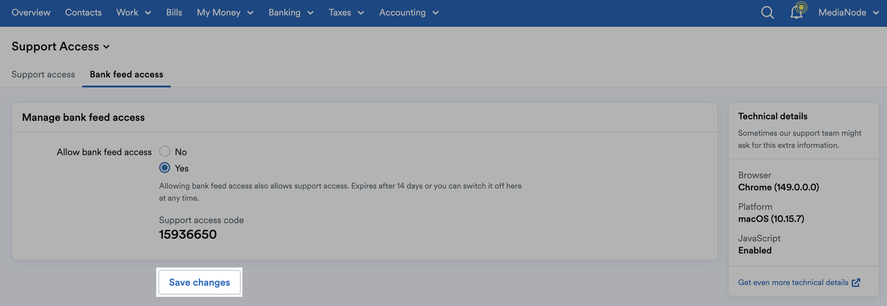 'Save changes' button highlighted on Support Access page.