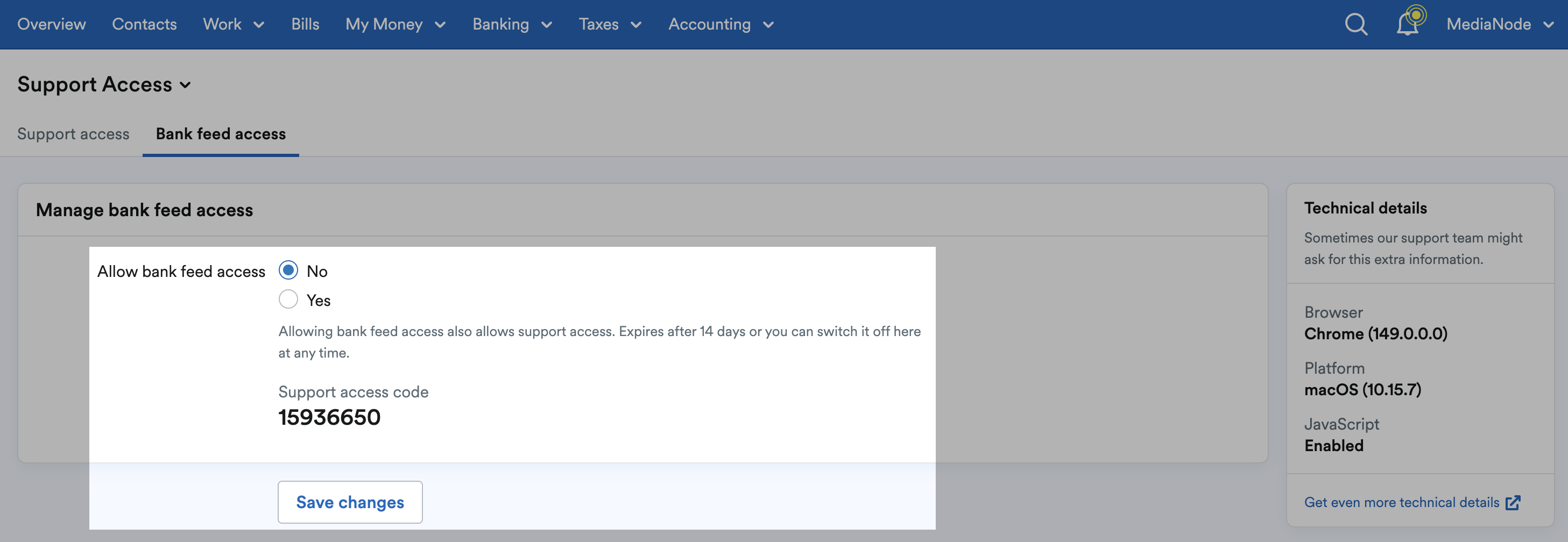 'Allow bank feed access' set to 'No' in 'Manage bank feed access' section.
