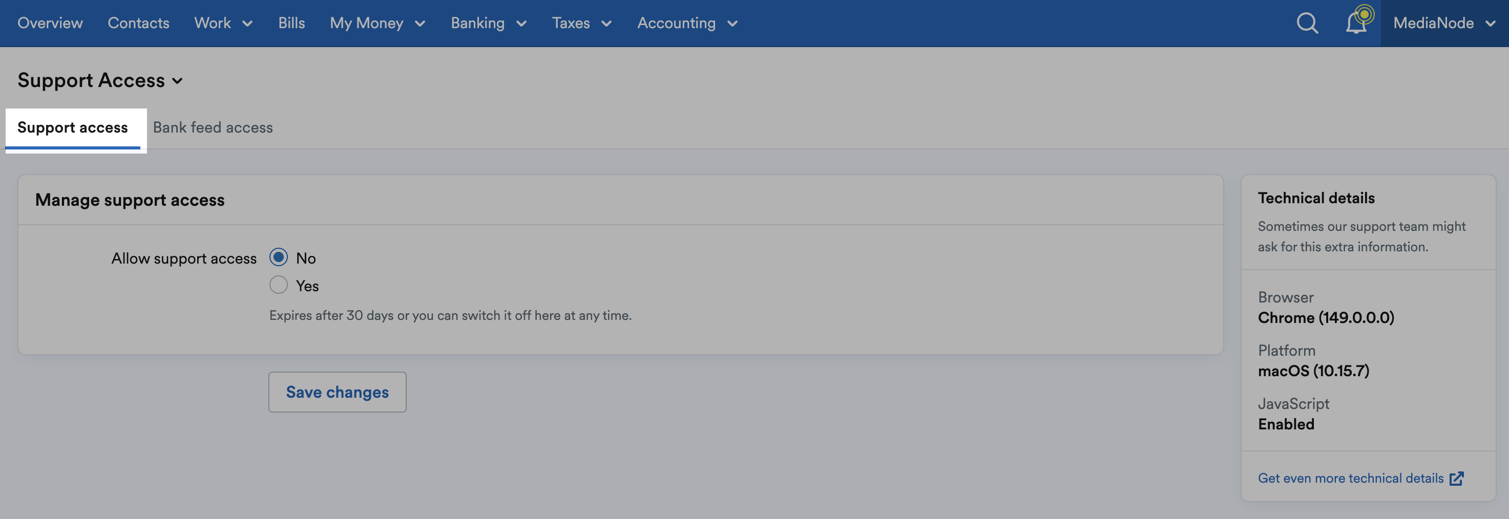'Support access' tab highlighted at top of Support Access page.