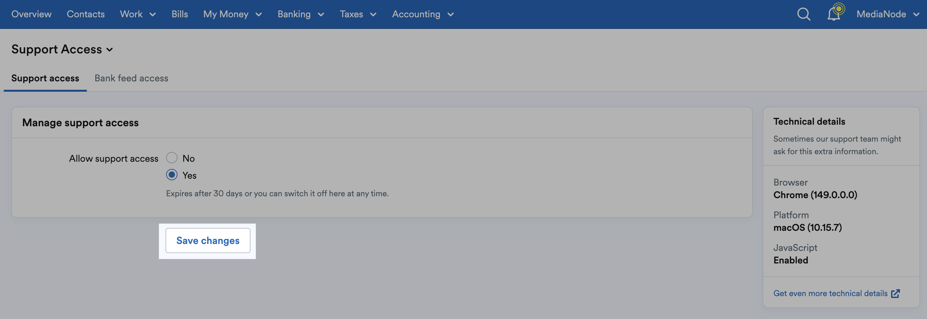 'Save changes' button highlighted on Support Access page.