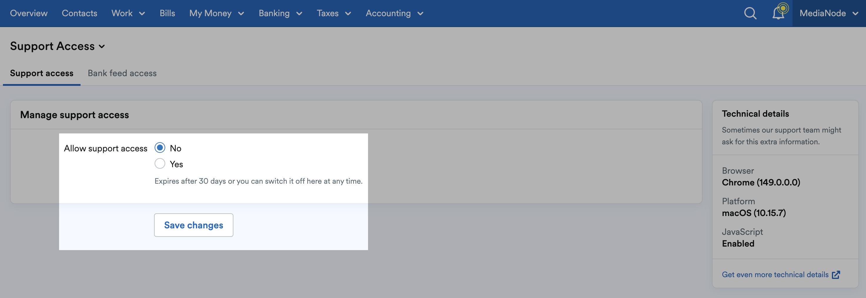 'Allow support access' set to 'No' in 'Manage support access' section.