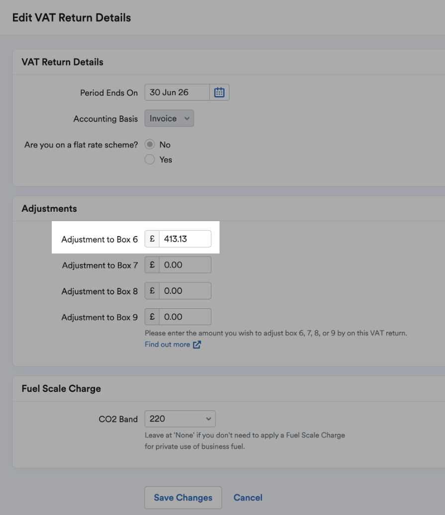 Box 6 adjustment field highlighted