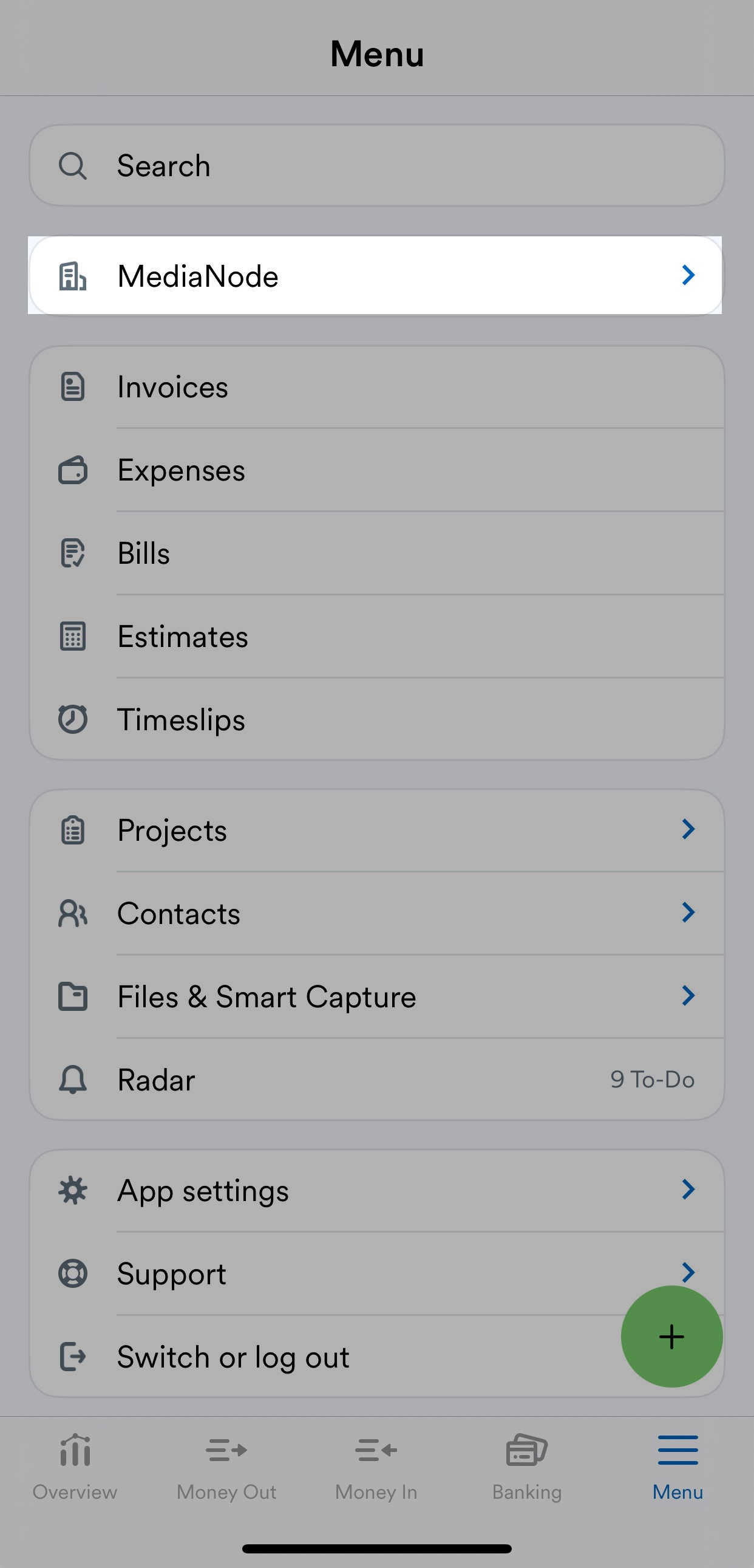 Business name selected on mobile app navigation menu.