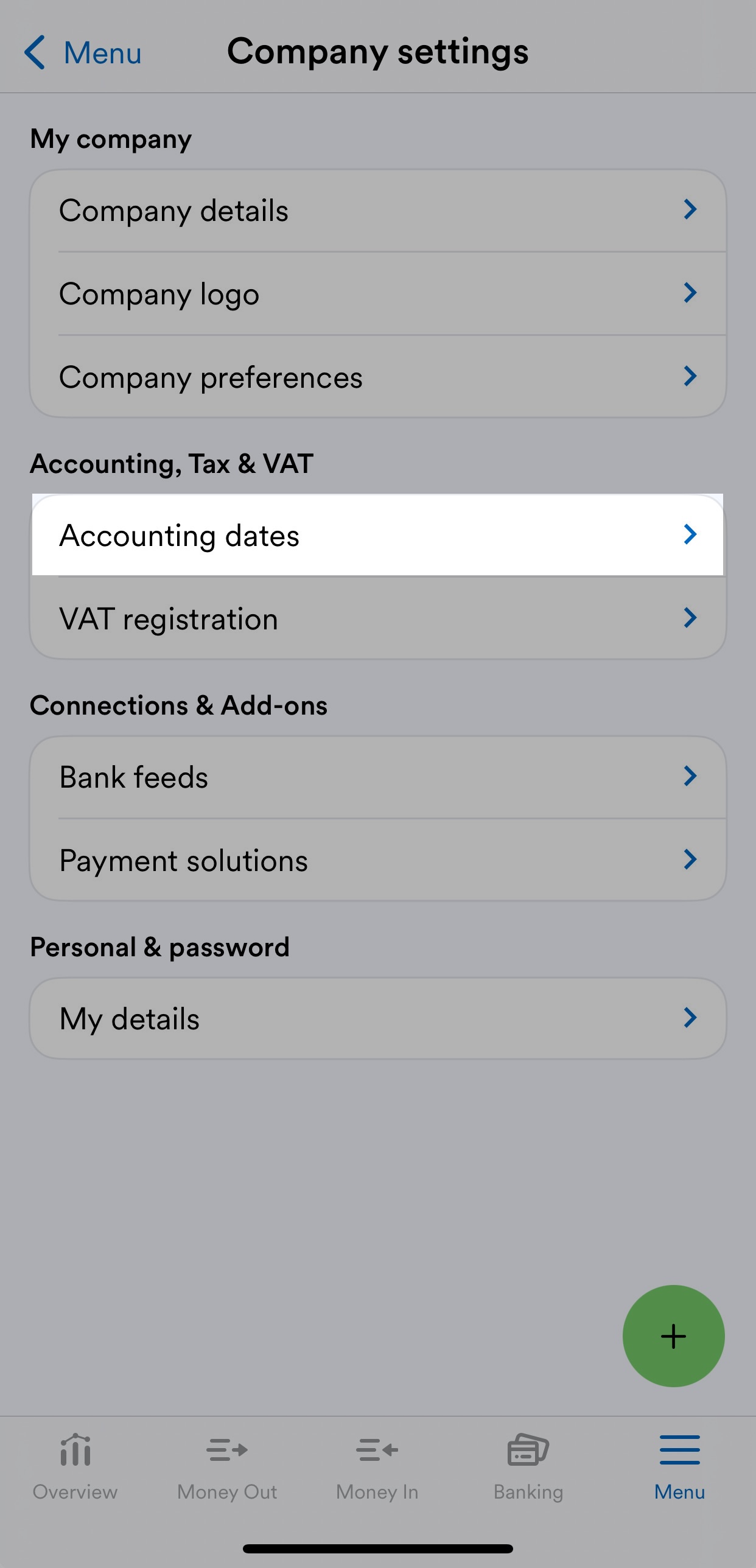 'Accounting dates' selected under 'Account, Tax and VAT' section of 'Company settings' page.