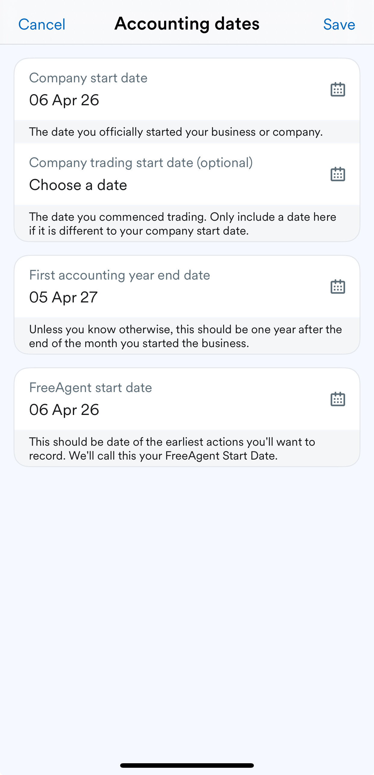 'Accounting dates' page with 'Save' button at top.