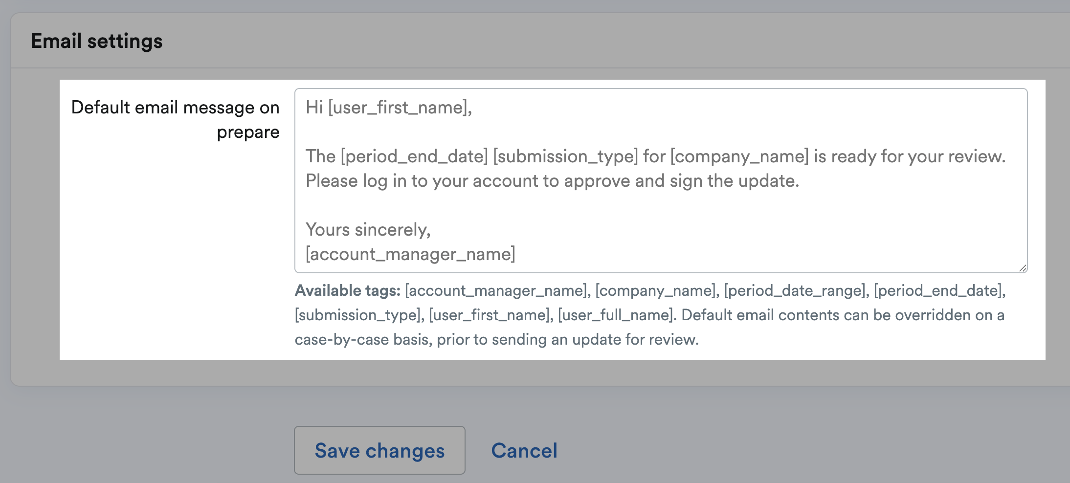 Default email message for VAT approvals