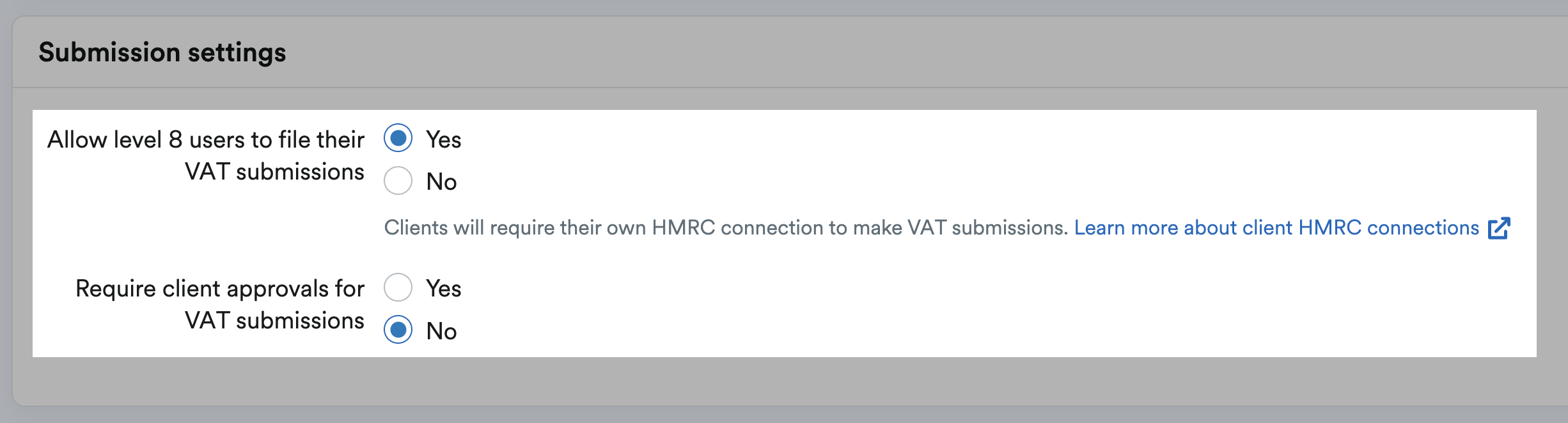 VAT submission settings
