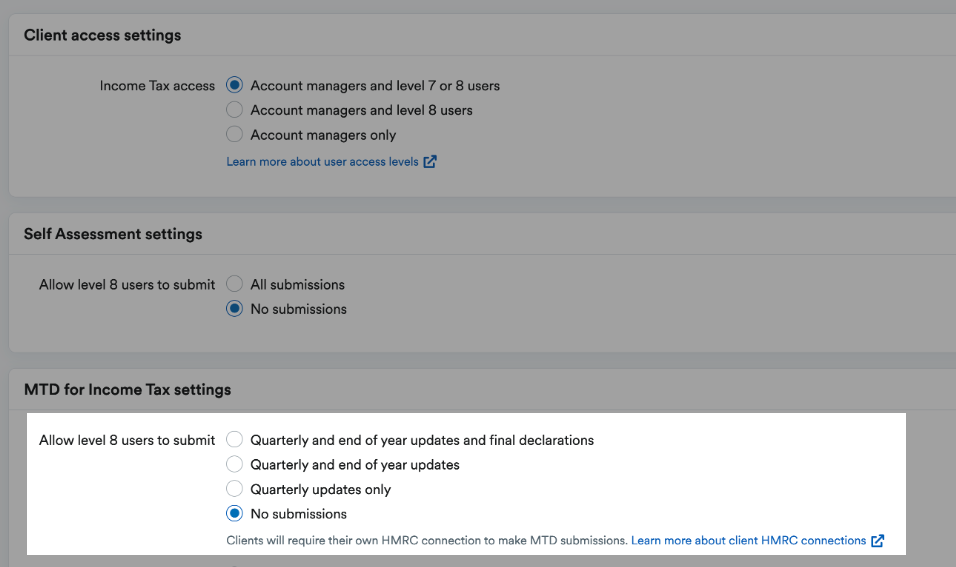 Option to choose whether level 8 clients can make submissions for MTD for Income Tax