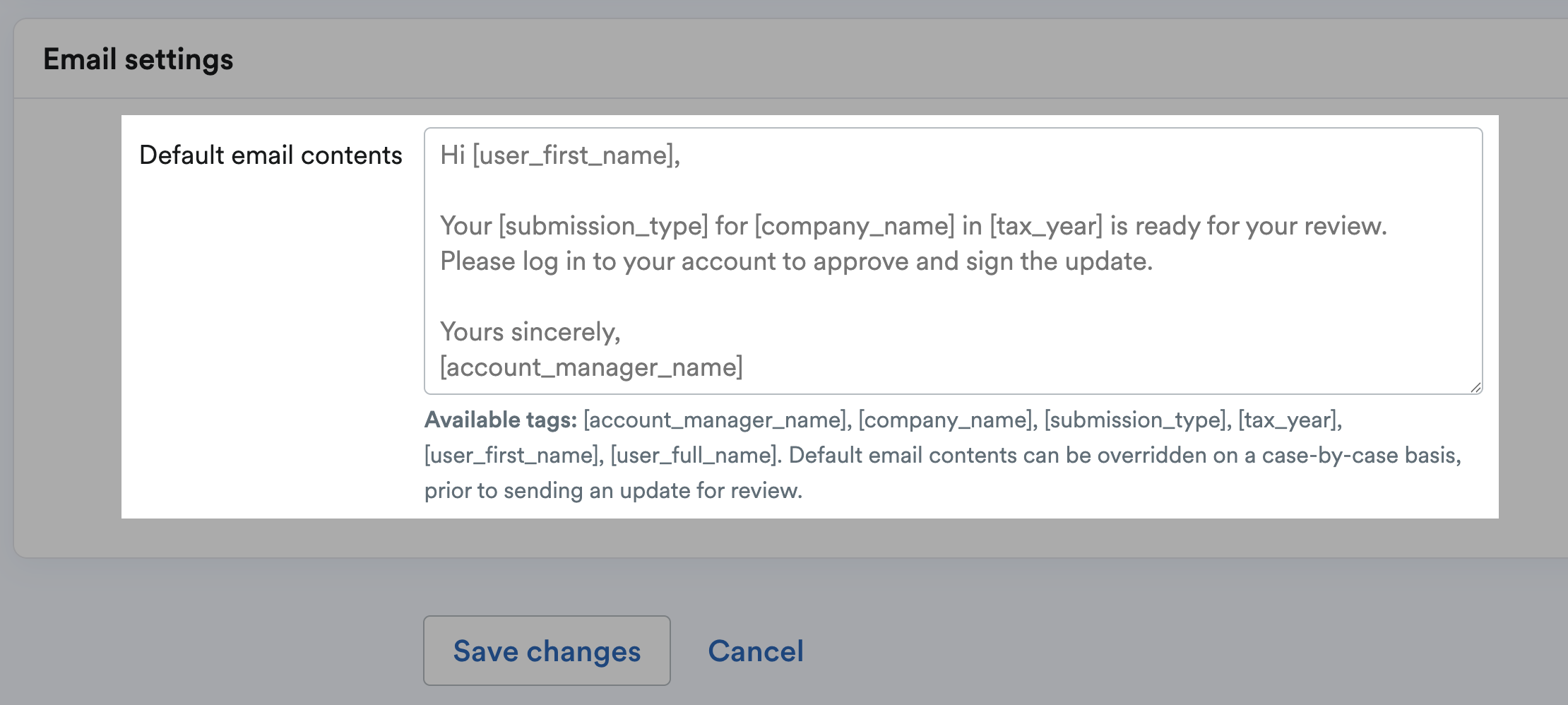 default email contents box
